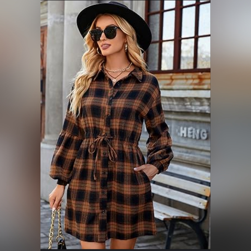 Brown and Black Long Sleeve Tie Front Shirt Dress‎